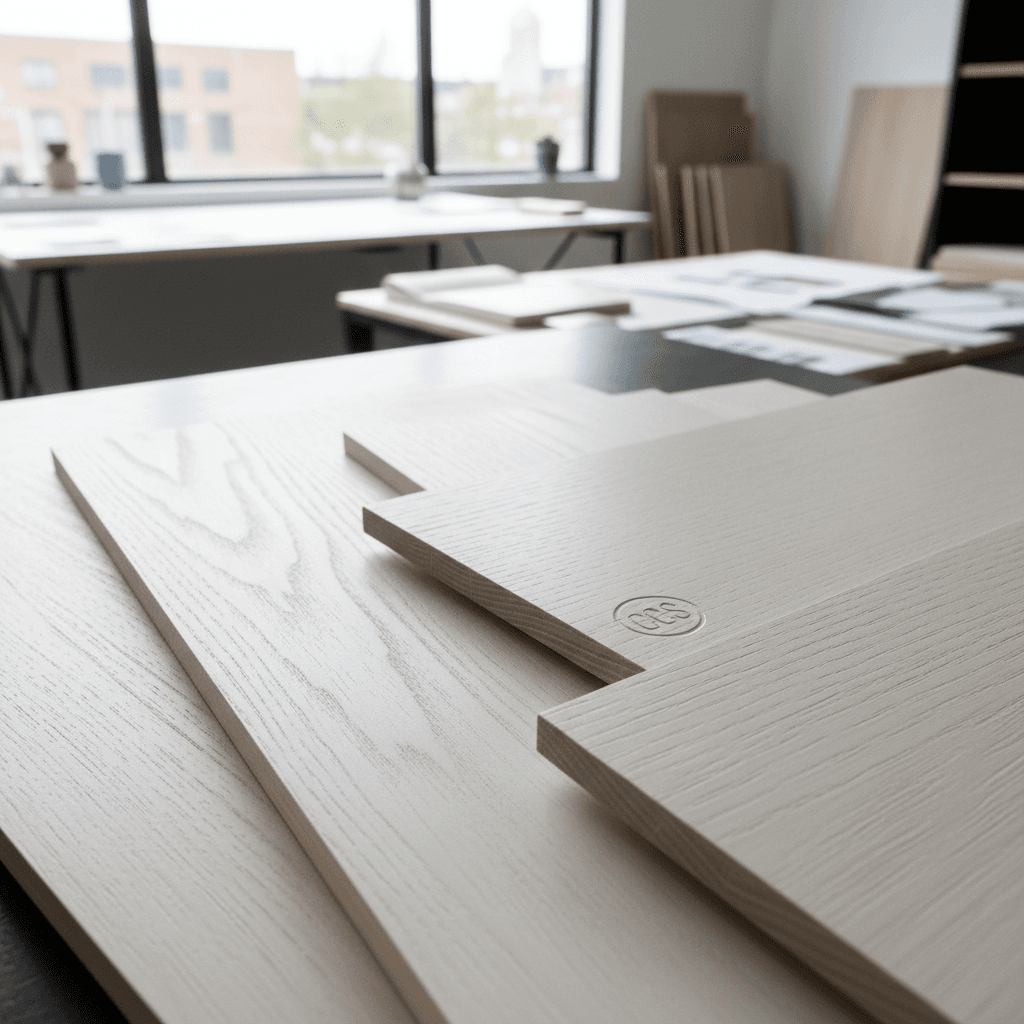 Close-up of premium wood samples showing walnut, oak, and maple grain textures and finishes for custom furniture