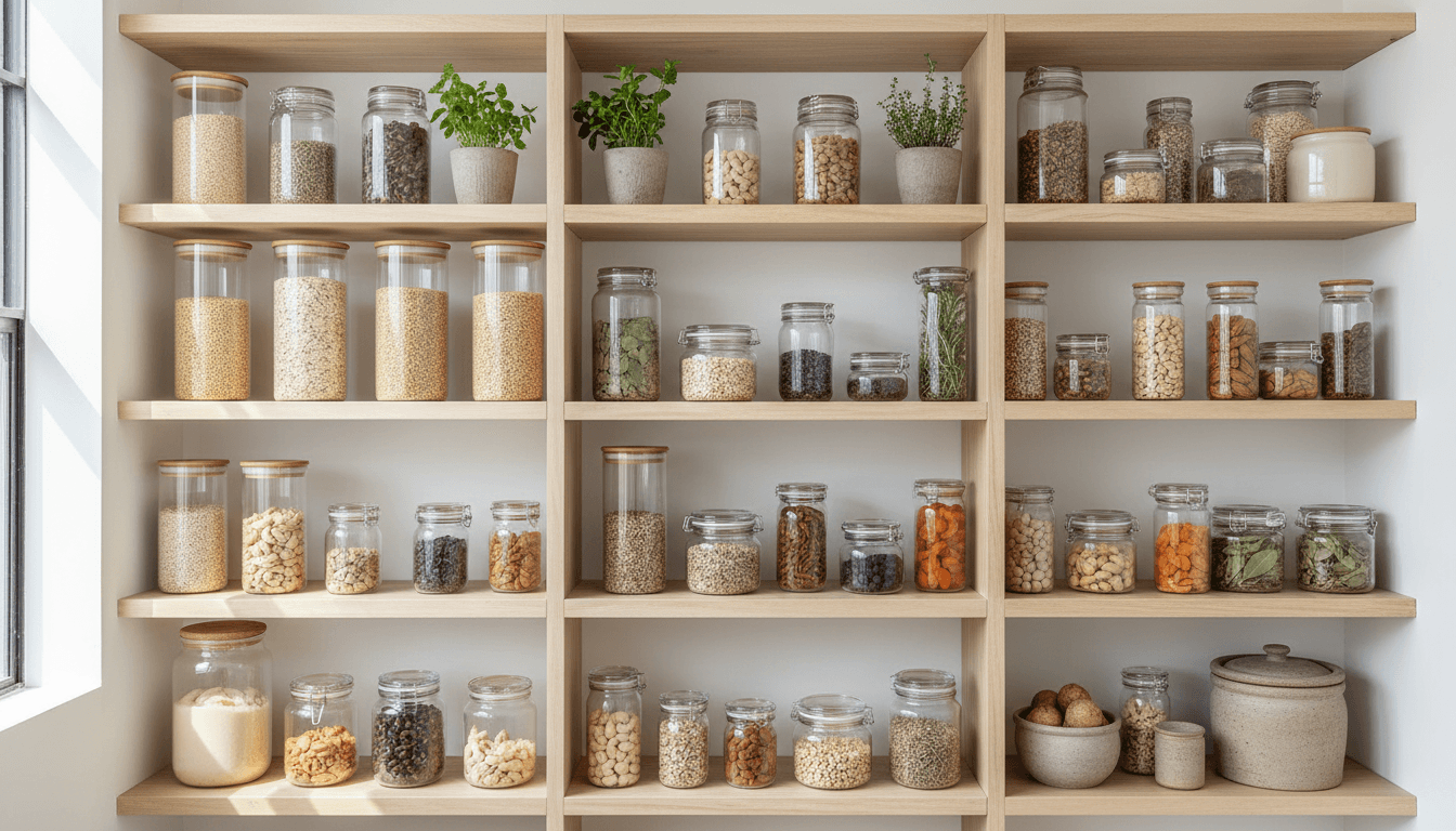Organized pantry with glass containers filled with whole grains, legumes, and dried herbs on light wooden shelving