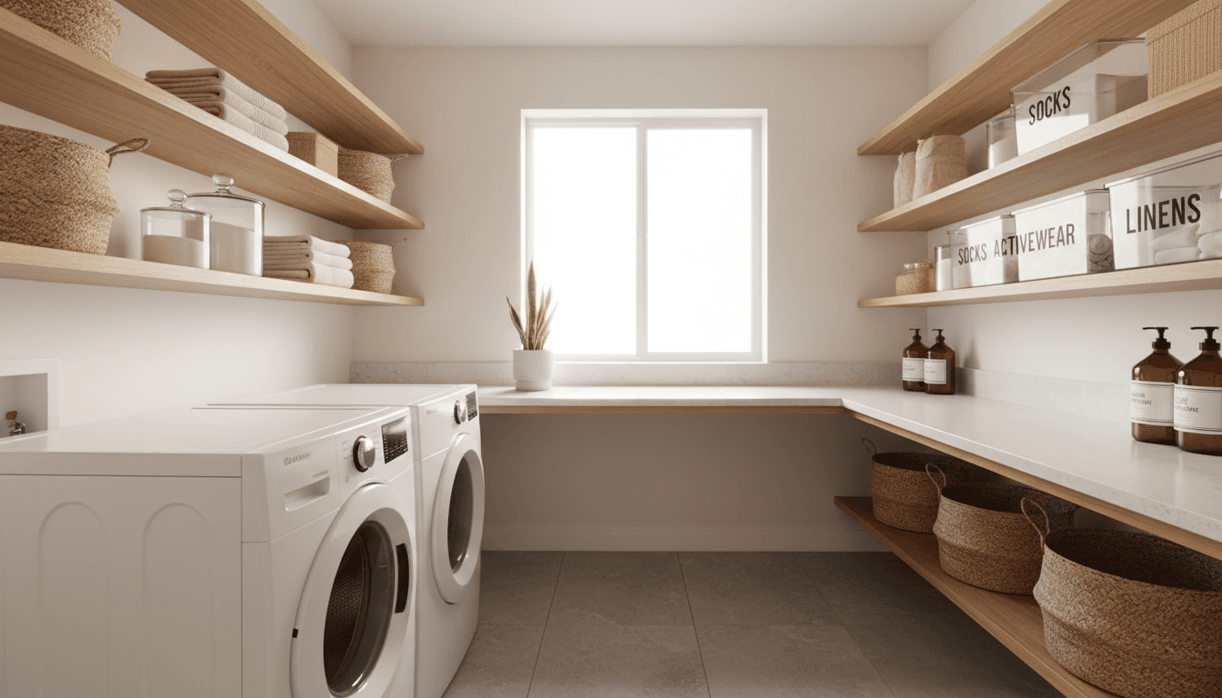 Bright laundry room with organized shelving displaying folded linens, detergents, and storage containers