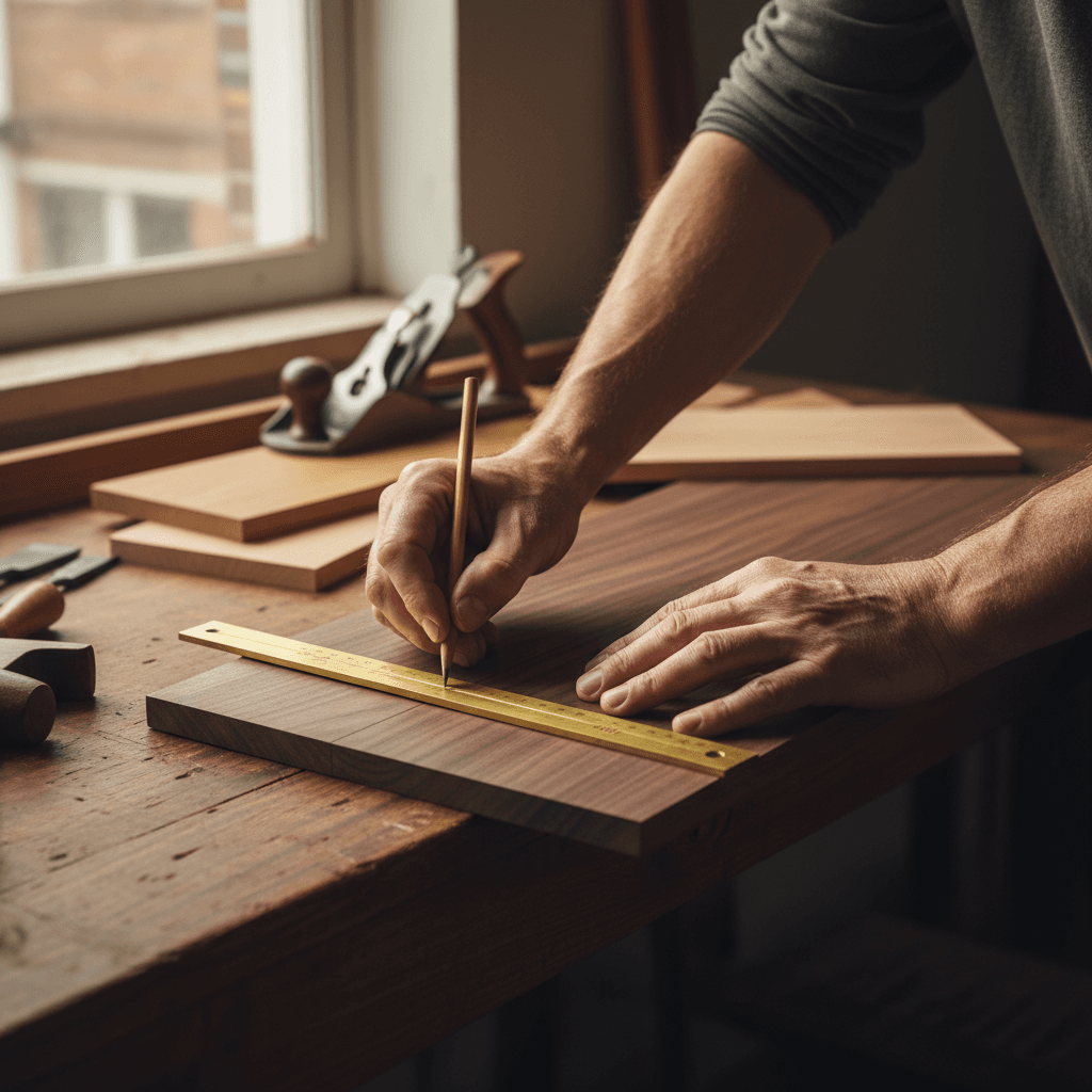 Carpenter's hands precisely measuring premium hardwood with square in warm, naturally-lit workshop