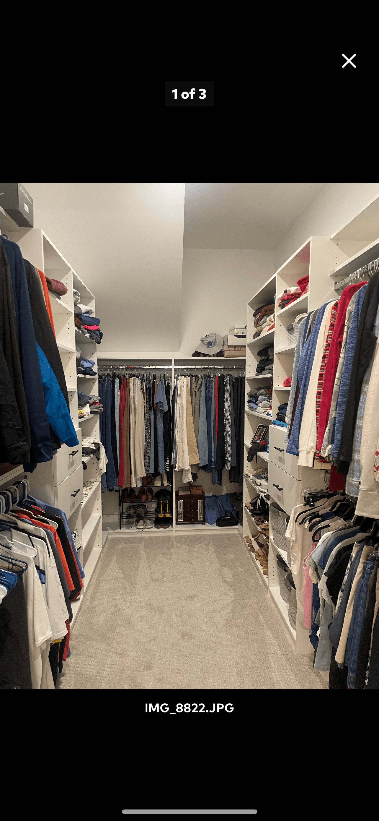 Bright walk-in closet featuring white shelving, hanging clothes, and shoes on a neutral carpet.